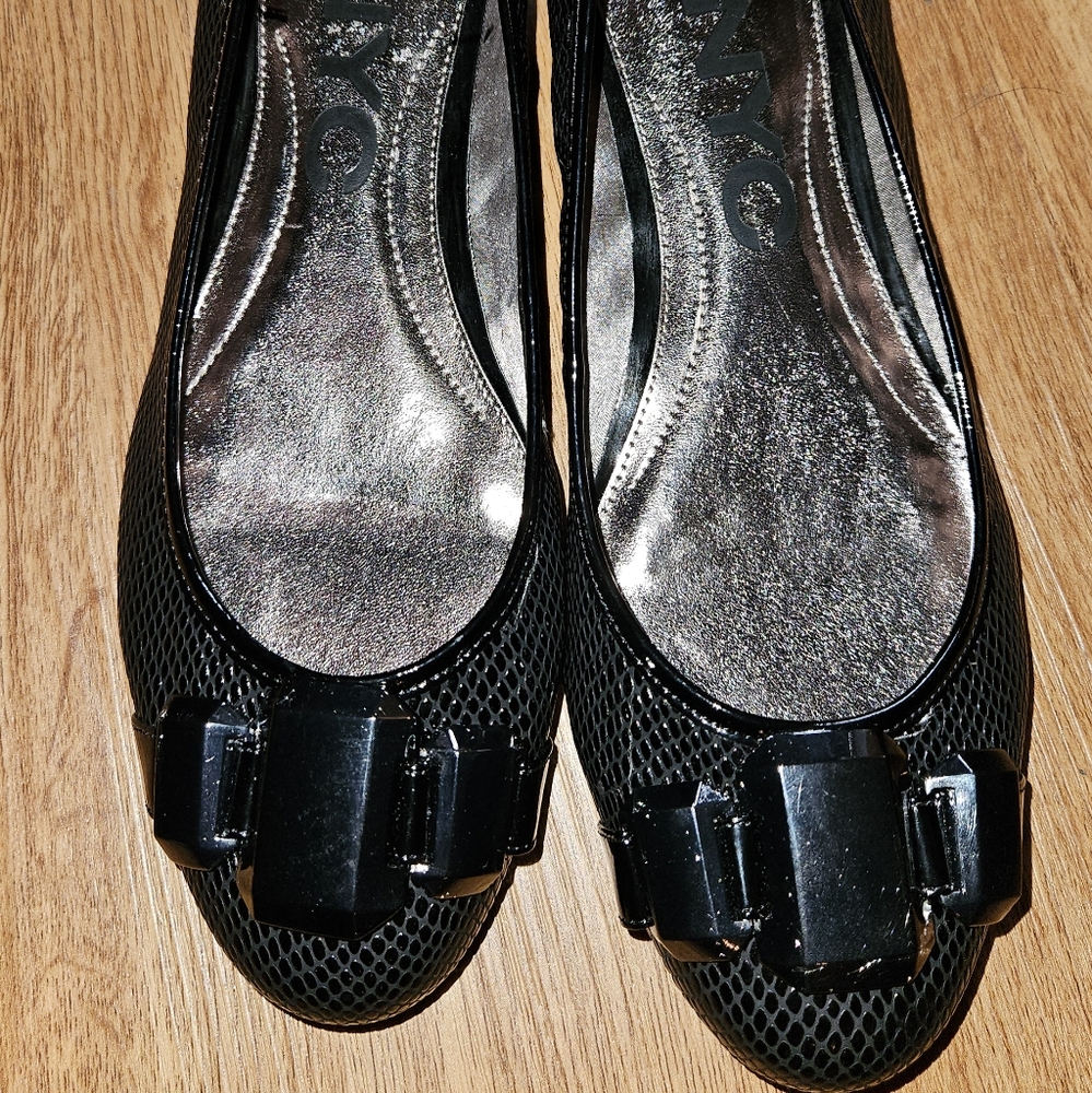 DKNYC Ashby Black Textured Flats With Gem Stone Adornments, NWOT